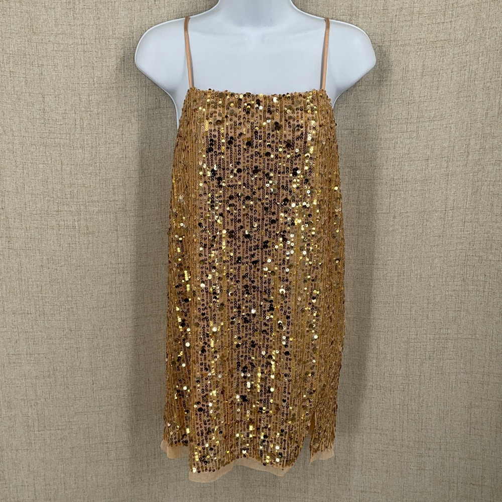 Free People Sequin Slip Dress Womens Small Gold Glam Party Mini Cocktail NEW